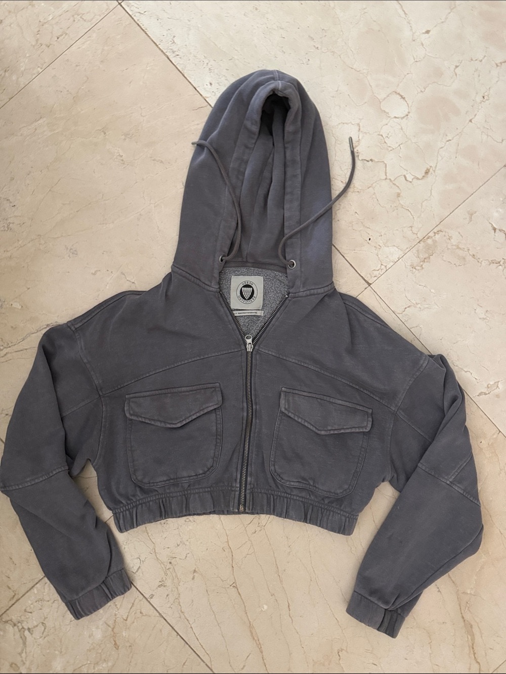 Urban Outfitters Cropped Zip-Up Hooded Jacket in Washed Charcoal